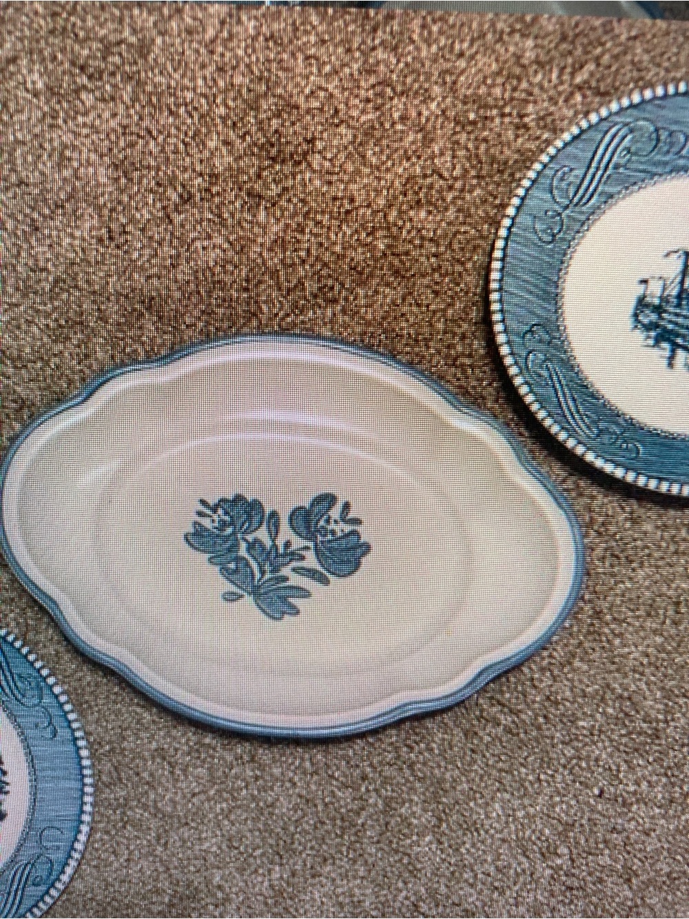 Cream and Blue Floral Ceramic Serving Platter